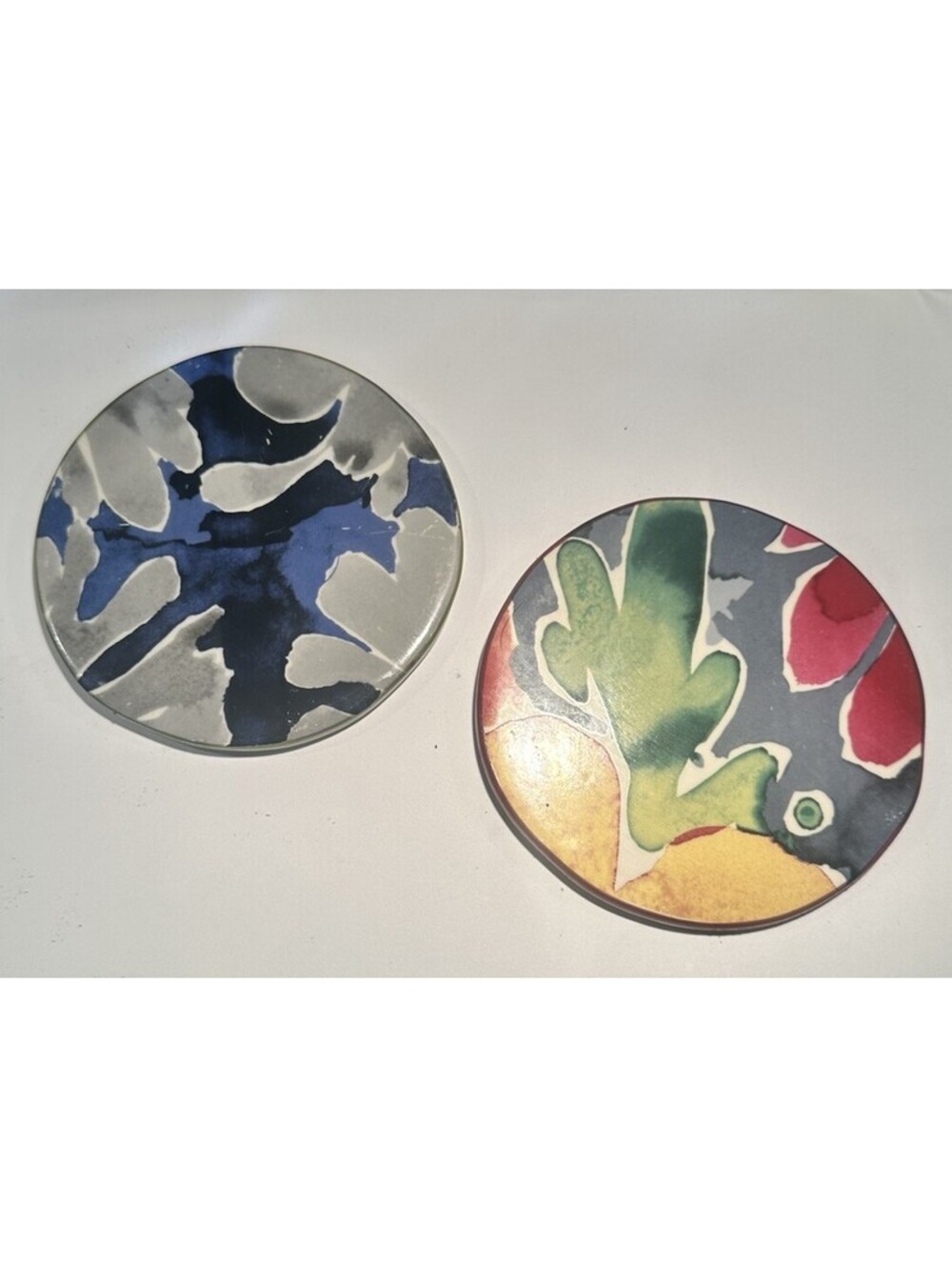 Set of 2 Vintage Abstract Ceramic Coasters Round Art Pottery Drink Coasters 4"